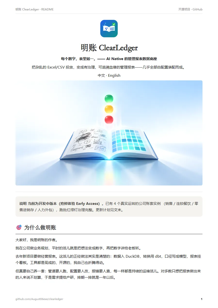 明账 ClearLedger 的 README 第 1 页